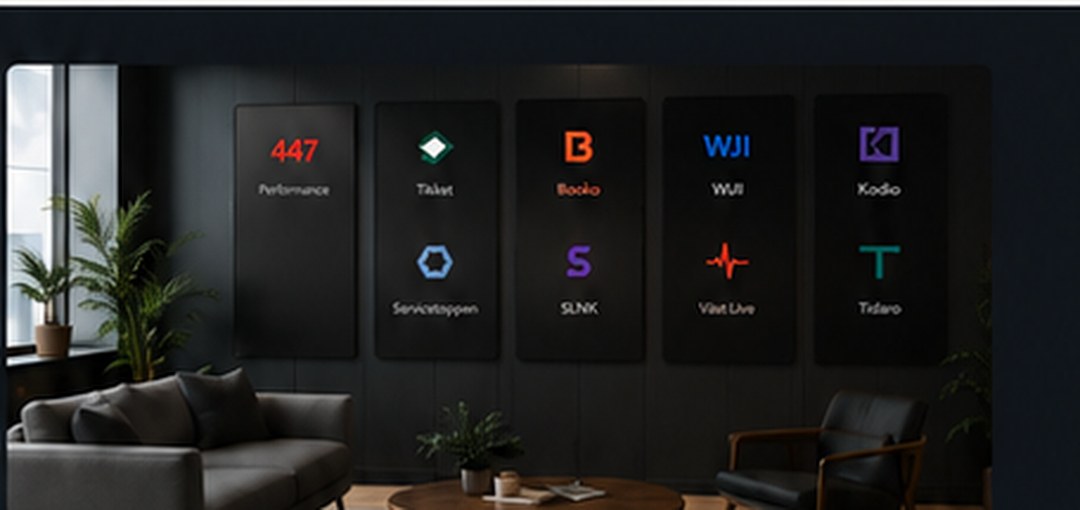 Mörk loungevägg med verksamheterna inom 447 Group